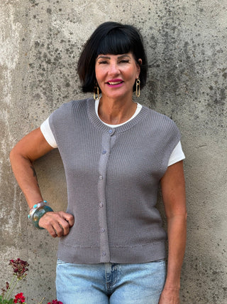 Blue-Gray Knit Button-Front Summer Vest - Annie Jack TX