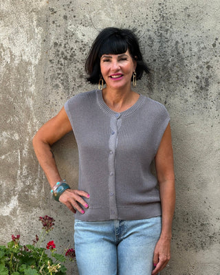 Blue-Gray Knit Button-Front Summer Vest - Annie Jack TX
