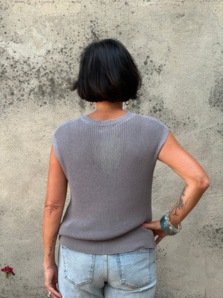 Blue-Gray Knit Button-Front Summer Vest - Annie Jack TX