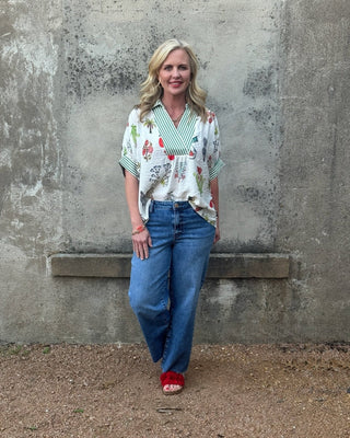 The Gardenia Botanical V - Neck: Classic Floral & Stripe Top - Annie Jack TX