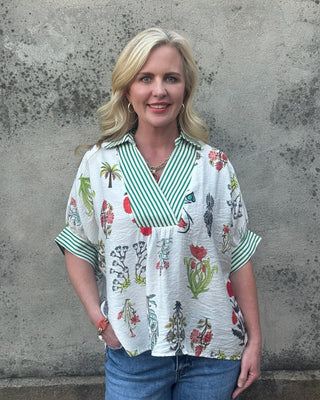 The Gardenia Botanical V - Neck: Classic Floral & Stripe Top - Annie Jack TX