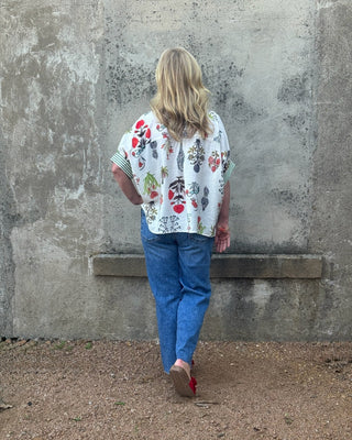 The Gardenia Botanical V - Neck: Classic Floral & Stripe Top - Annie Jack TX