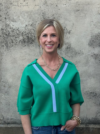 V Neck Collared Sweater with Front Stripe - Annie Jack TX