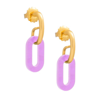 Gold earrings with purple links on a white background