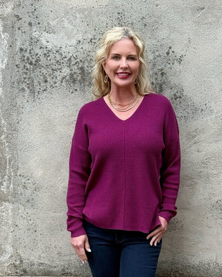 Dark Magenta Waffle Knit V-Neck Sweater - Annie Jack TX