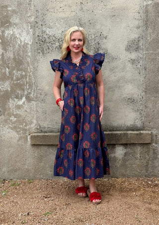 Scarlet Blooms Navy Ruched Midi Dress - Annie Jack TX