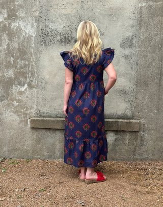 Scarlet Blooms Navy Ruched Midi Dress - Annie Jack TX