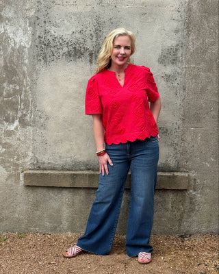 Ruby Floral Embroidered Scallop Top - Annie Jack TX