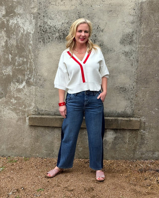 V Neck Collared Sweater with Front Stripe - Annie Jack TX