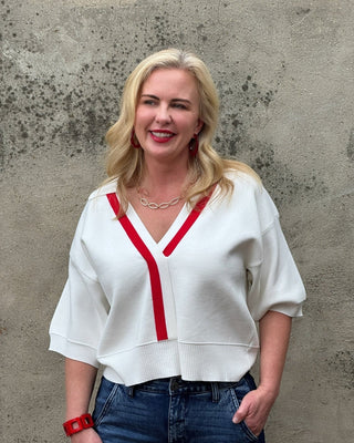 V Neck Collared Sweater with Front Stripe - Annie Jack TX