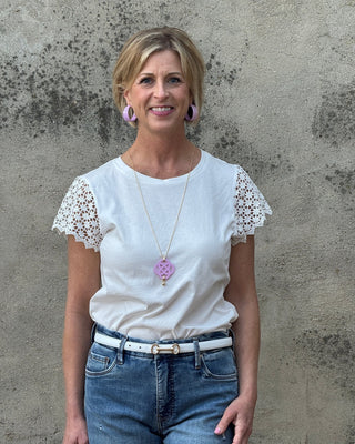 White Scalloped Lace Sleeve Cotton Tee - Annie Jack TX