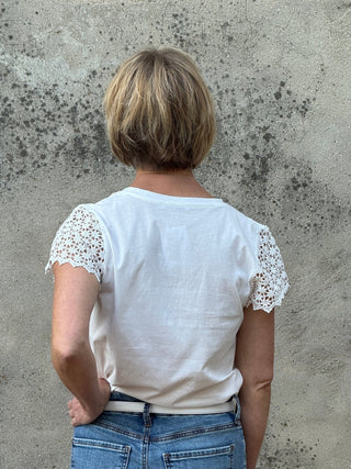 White Scalloped Lace Sleeve Cotton Tee - Annie Jack TX