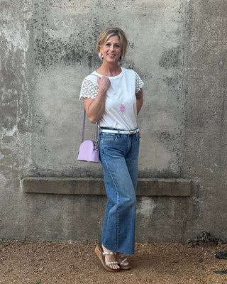 White Scalloped Lace Sleeve Cotton Tee - Annie Jack TX