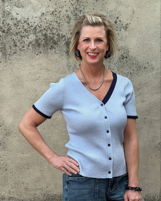 Chambray Ribbed Button - Up Sweater - Annie Jack TX