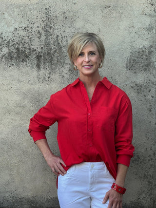 Bold Crimson Tencel - Linen Button Down Shirt - Annie Jack TX