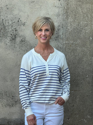 Marina Striped Lightweight Henley Sweater – Coastal White & Blue - Annie Jack TX