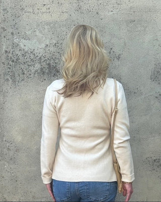 The Gold Button V - Neck Sweater in Sandy Beige - Annie Jack TX