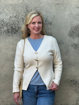 The Gold Button V - Neck Sweater in Sandy Beige - Annie Jack TX