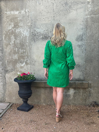 Vibrant Green Embroidered Floral Ruffle Neck Dress - Annie Jack TX