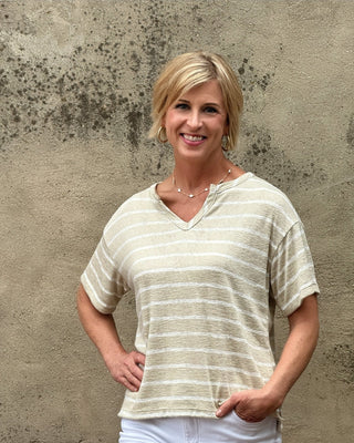 Coastal Sands Striped V - Neck Casual Top - Annie Jack TX