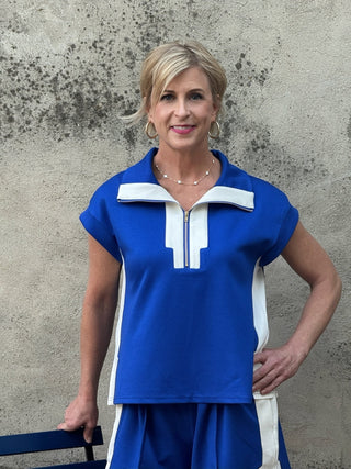 Royal Blue Collared 3/4 Zip Athleisure Short Set - Annie Jack TX