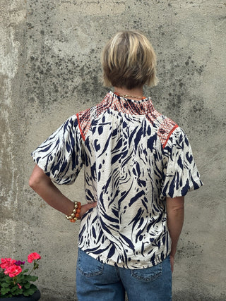 Navy & Orange Smocked Neck Puff Sleeve Blouse - Annie Jack TX