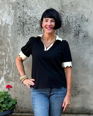 AJ Contrast Collared V Neck Puff Sleeve - Annie Jack TX