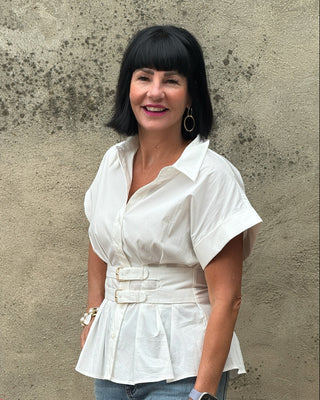 The Perfect Cinch Pleated Belted White Top - Annie Jack TX