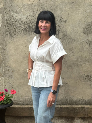 The Perfect Cinch Pleated Belted White Top - Annie Jack TX