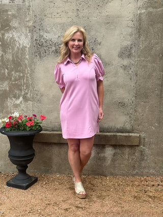 Rosy Mauve Puff Sleeve Zip Front Dress - Annie Jack TX