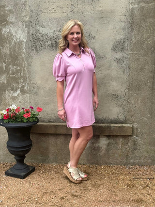 Rosy Mauve Puff Sleeve Zip Front Dress - Annie Jack TX