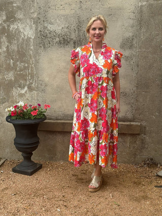 Bright Floral Tiered Flutter Sleeve Dress - Annie Jack TX