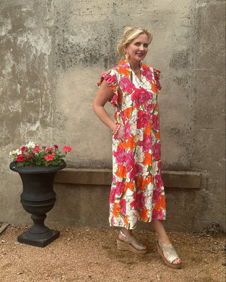 Bright Floral Tiered Flutter Sleeve Dress - Annie Jack TX