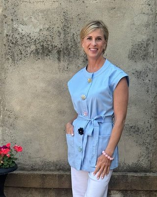 Sky Blue Mandarin Tie - Waist Top with Floral Buttons - Annie Jack TX
