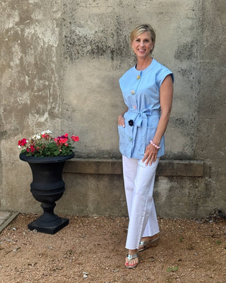 Sky Blue Mandarin Tie - Waist Top with Floral Buttons - Annie Jack TX