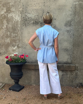 Sky Blue Mandarin Tie - Waist Top with Floral Buttons - Annie Jack TX