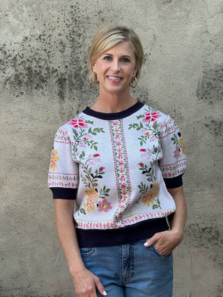 Navy Trim Floral Knit Short Sleeve Sweater - Annie Jack TX