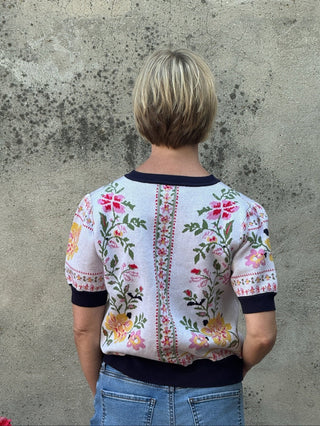 Navy Trim Floral Knit Short Sleeve Sweater - Annie Jack TX