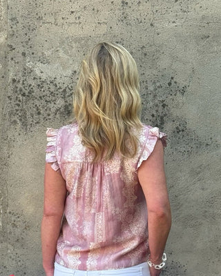 Pleated Flutter Sleeve Lace Print Top - Dusty Rose - Annie Jack TX