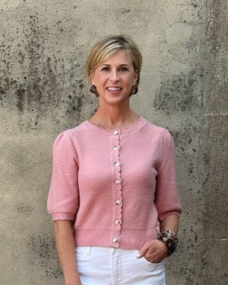 Scalloped Pink Short Sleeve Sweater - Annie Jack TX