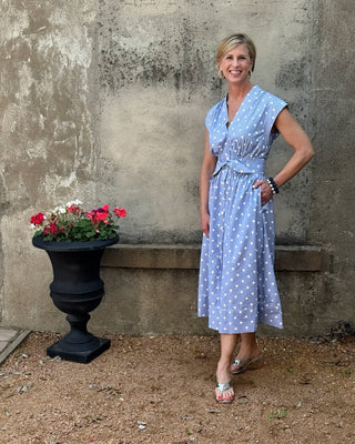 Periwinkle Blue Polka Dot Cap Sleeve Midi Dress - Annie Jack TX