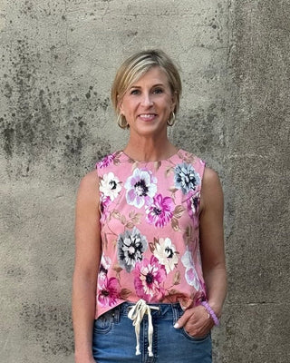 Lily Pink Floral Round Neck Sleeveless Top - Annie Jack TX