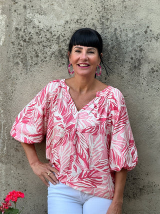 Leaf Print Mandarin Collar Top - Annie Jack TX
