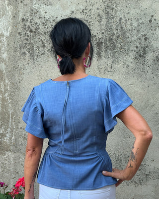 Flutter Sleeve Chambray V - Neck Peplum Top - Annie Jack TX