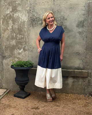 Navy & Cream Two - Tone Pleated Midi Dress - Annie Jack TX