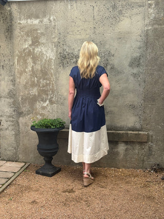 Navy & Cream Two - Tone Pleated Midi Dress - Annie Jack TX