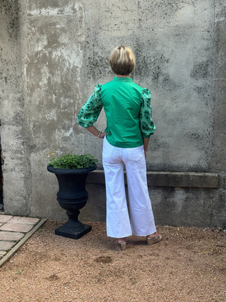 Emerald Green Embroidered Sleeve V - Neck Blouse - Annie Jack TX
