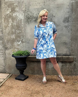 Royal Blue Tropical Floral Puff Sleeve Dress with Stripe Trim Annie Jack TX Royal Blue Tropical Floral Puff Sleeve Dress with Stripe Trim Annie Jack TX