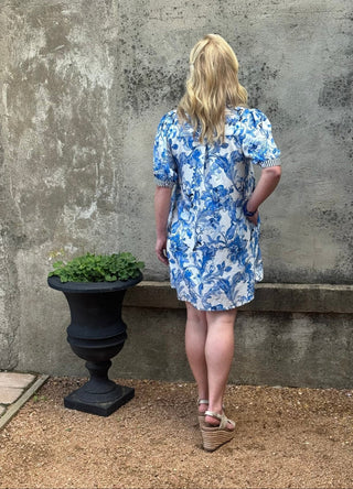 Royal Blue Tropical Floral Puff Sleeve Dress with Stripe Trim - Annie Jack TX