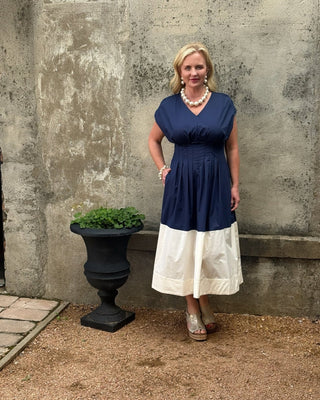Navy & Cream Two - Tone Pleated Midi Dress - Annie Jack TX
